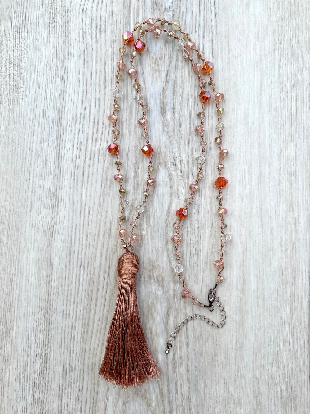 Beaded Tassel Pendant Necklace Long Length Peachy Copper Tones Knotted Cord